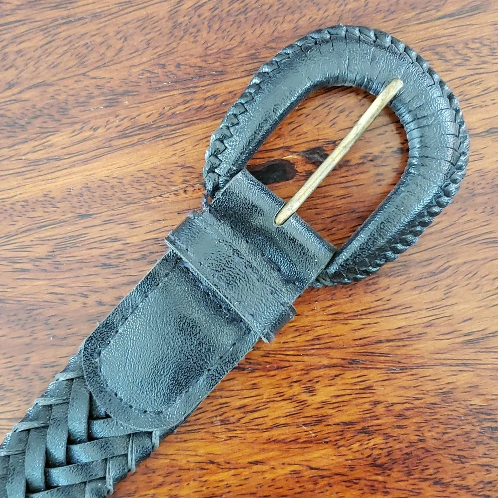 Vintage Black Braided Belt Faux Leather Woven Waist Cincher Boho Classic 40